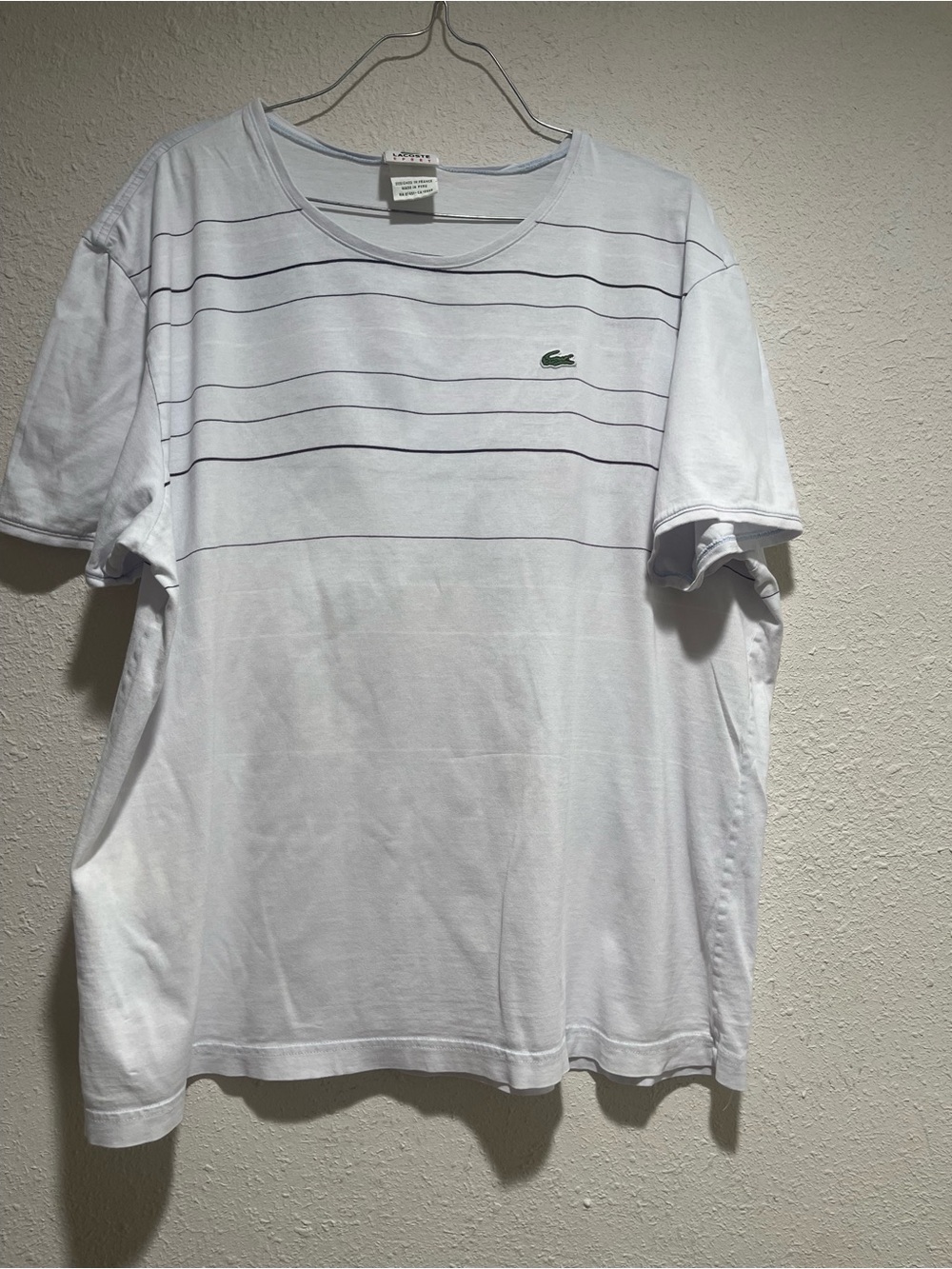 Lacoste White T-Shirt with Navy Thin Stripes